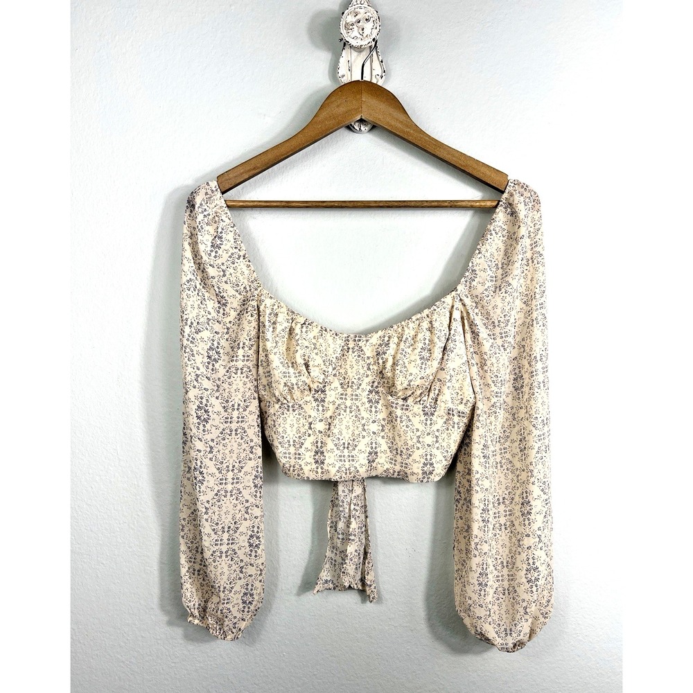 Cotton Candy LA Top Floral Crop Tie Back Bow Size S Ballon Sleeve